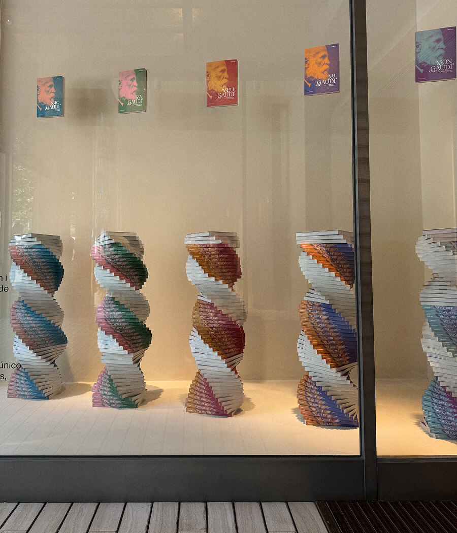 My Gaudí colourful book towers window display Paseo de Gracia Barcelona 2026