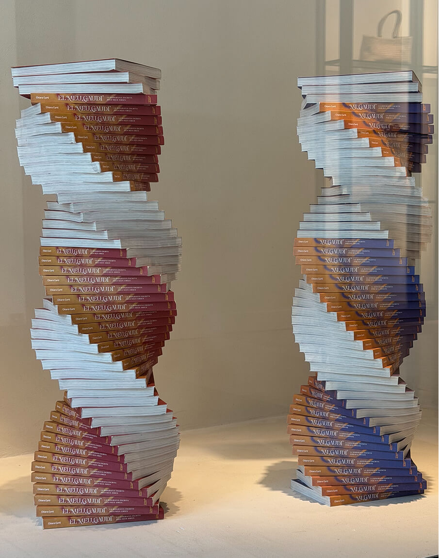 My Gaudí spiral book towers window display Paseo de Gracia Barcelona 2026
