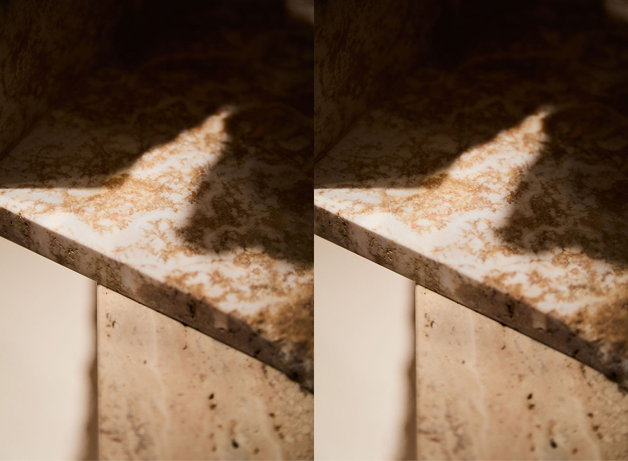 RF Studio detalle travertino luz sombra Salone Milán 2026