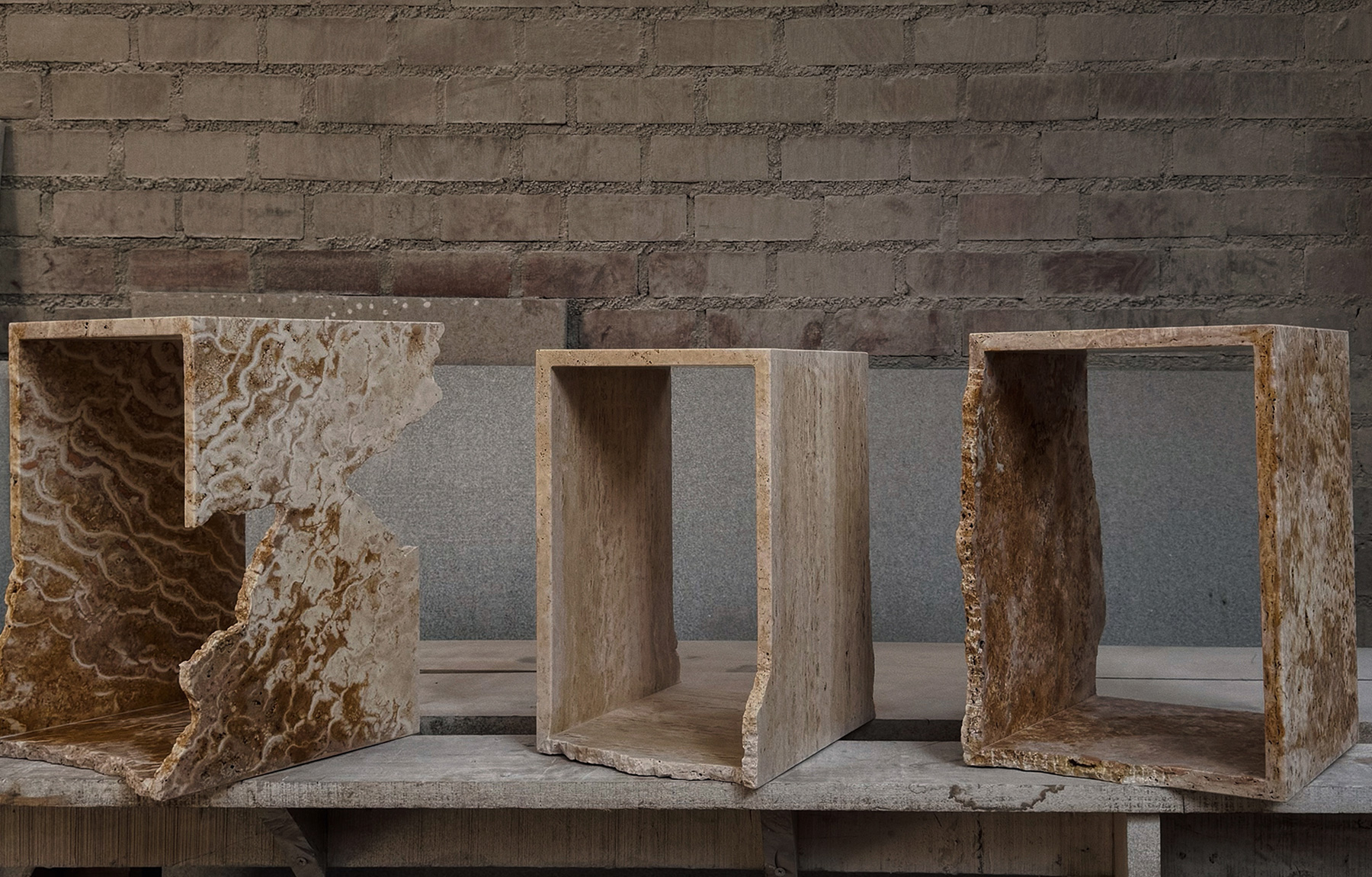 Three RF Studio travertine sculptures in workshop, Salone Milan 2026