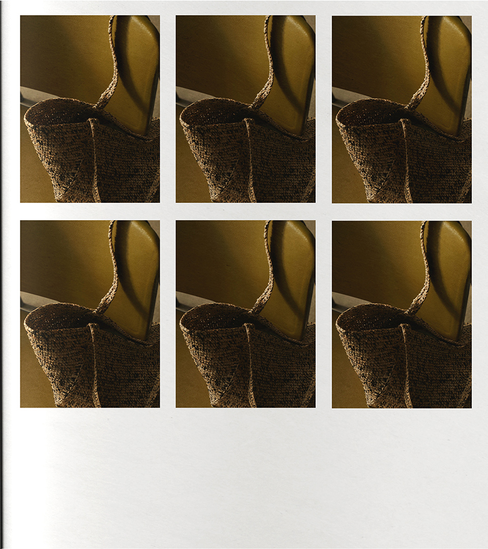 Composition of six shots of the raffia tote bag on a white background