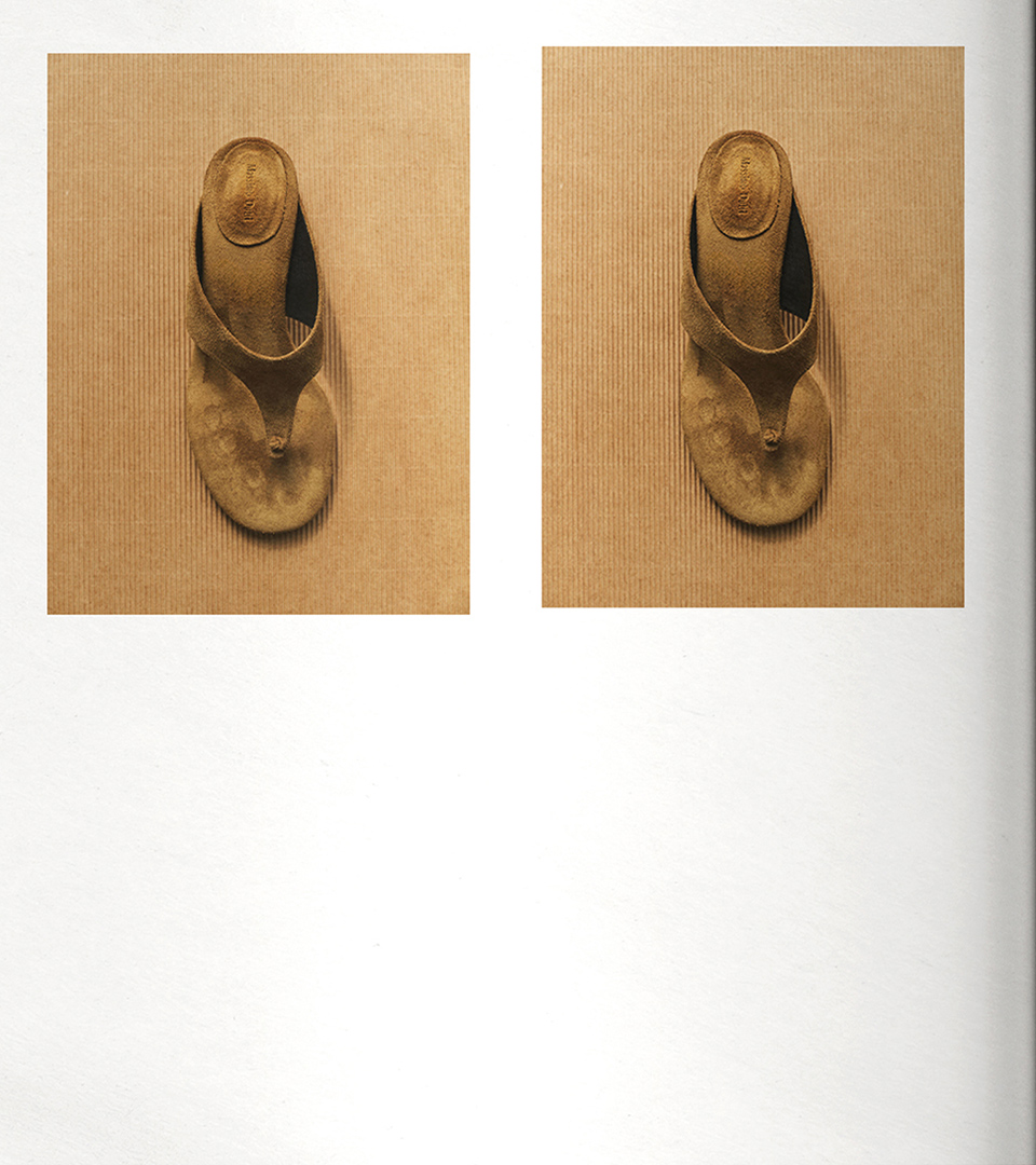 Two shots of natural leather toe-post sandals on a cardboard background
