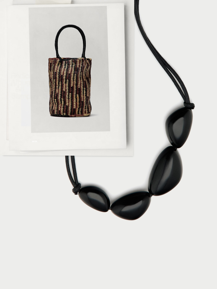 Mini raffia bucket bag and black gemstone necklace — Massimo Dutti Summer Nights