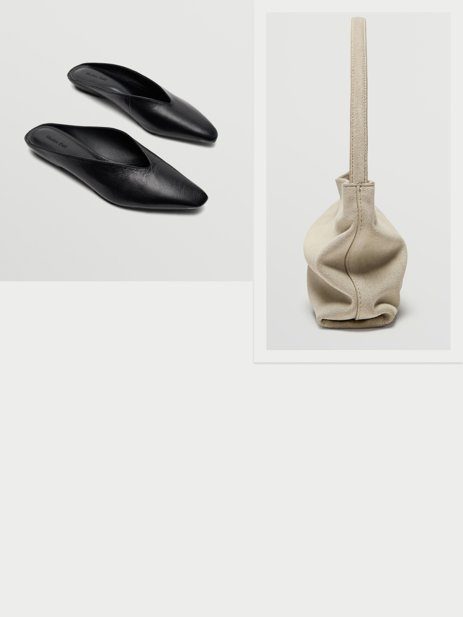 Black soft leather mule shoes and split suede leather shoulder bag — Massimo Dutti Summer Nights