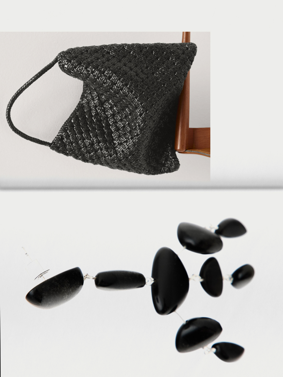 Black braided nappa leather bag and large gemstone dangle earrings — Massimo Dutti Summer Nights
