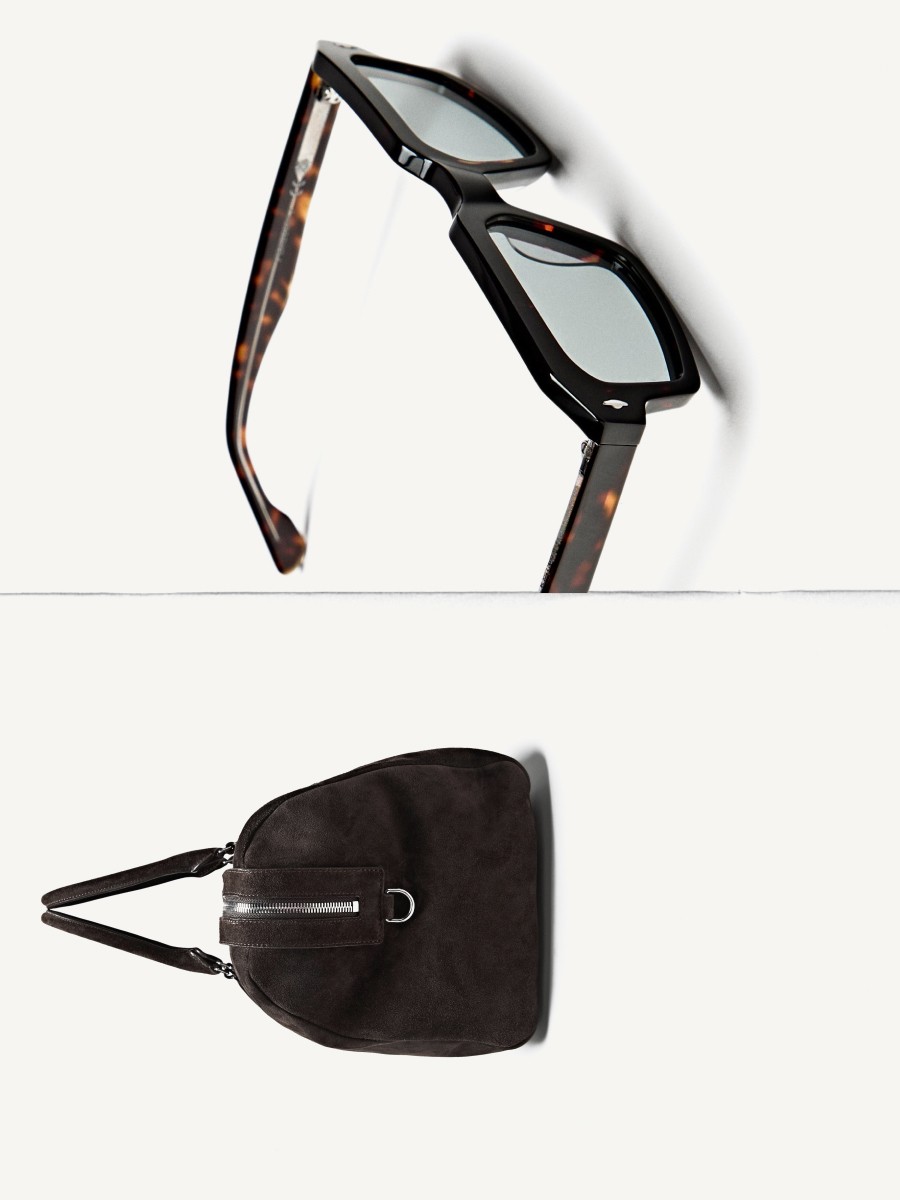 Rectangular sunglasses and suede leather travel bag — Massimo Dutti Summer Days