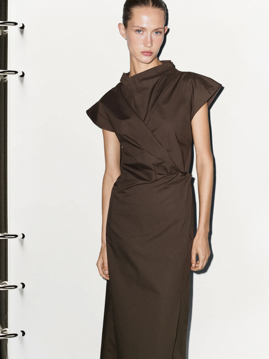 100% cotton poplin draped dress in brown — Massimo Dutti Summer Nights