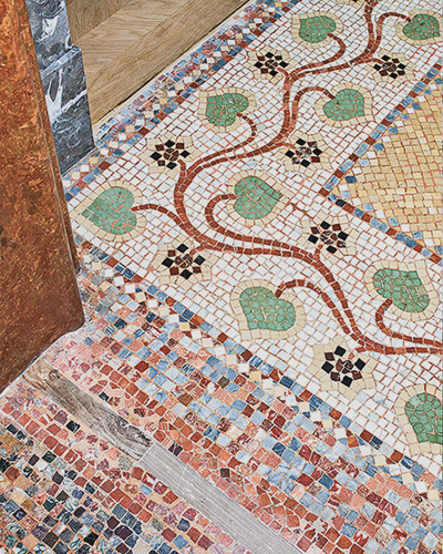 Modernist mosaic on the courtyard floor — Massimo Dutti Barcelona