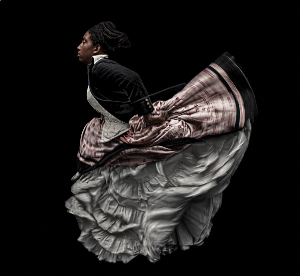 Woman in a period dress in movement against a black background, work by Ayana V. Jackson — Massimo Dutti
