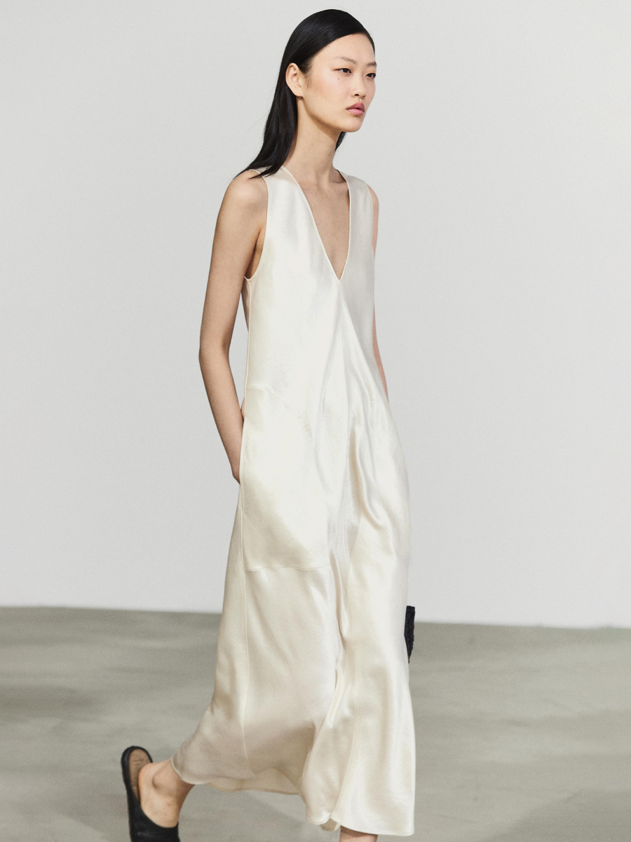 Satin midi slip dress in ivory — Massimo Dutti Summer Nights