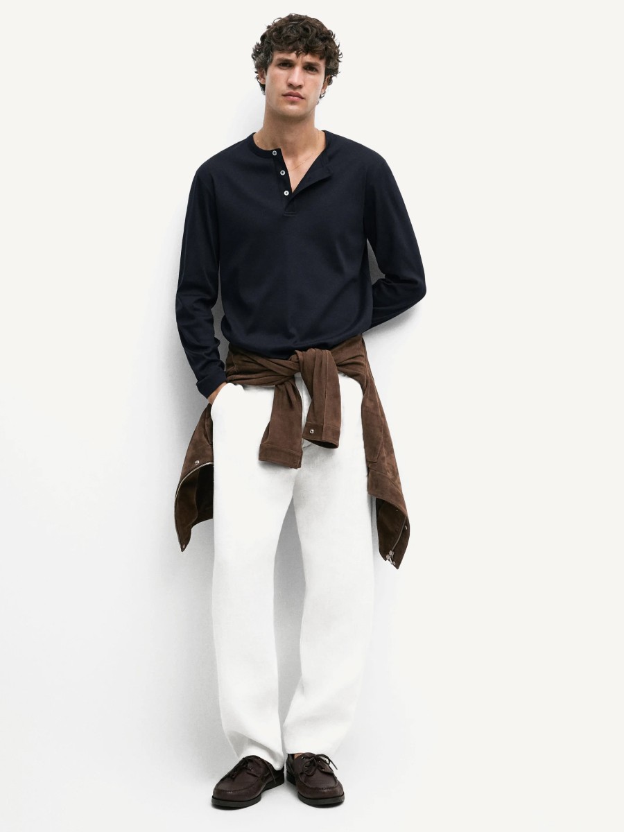 Navy knit Henley T-shirt with white linen trousers — Massimo Dutti Summer Days