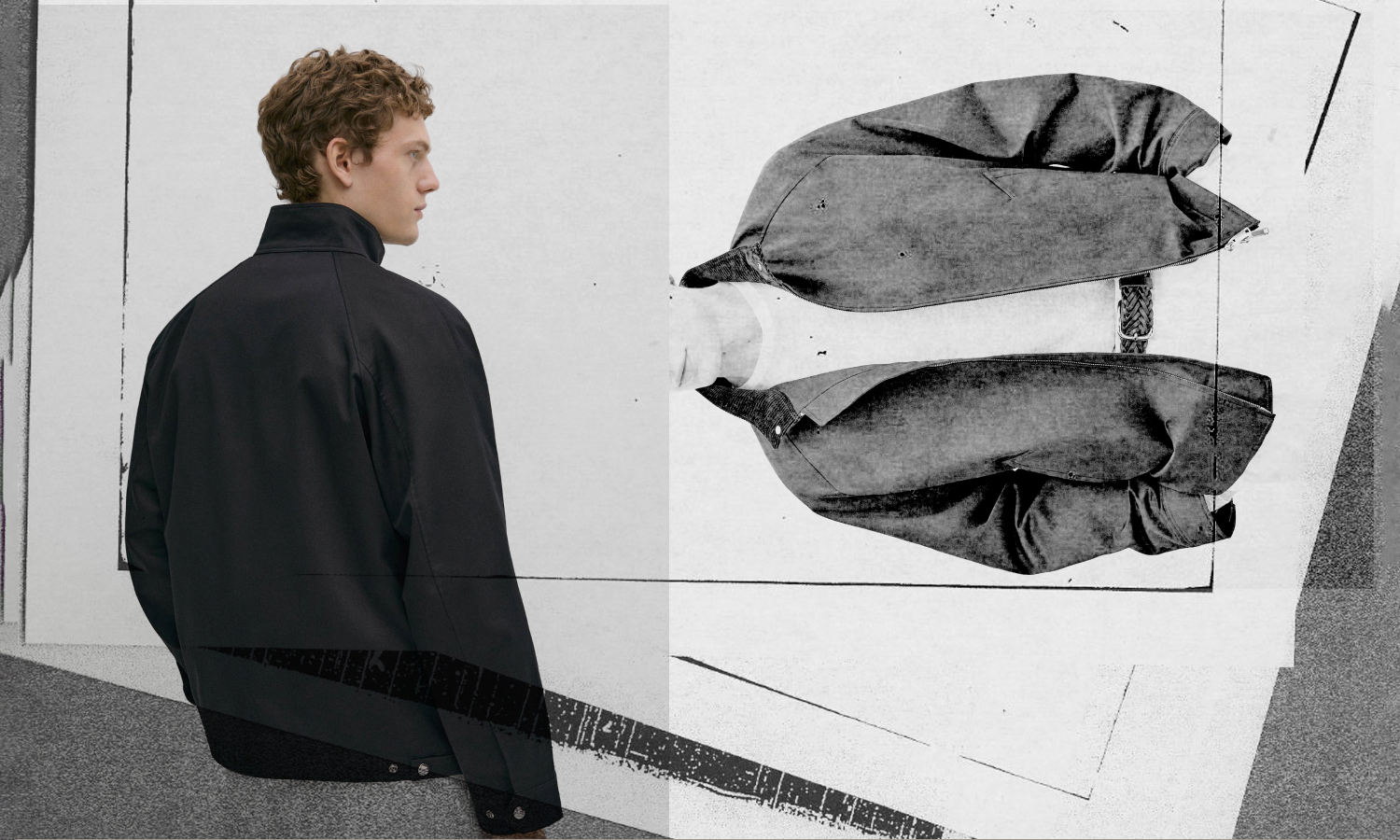 Black jacket seen from behind and a still life of the bomber jacket, in black and white — Massimo Dutti