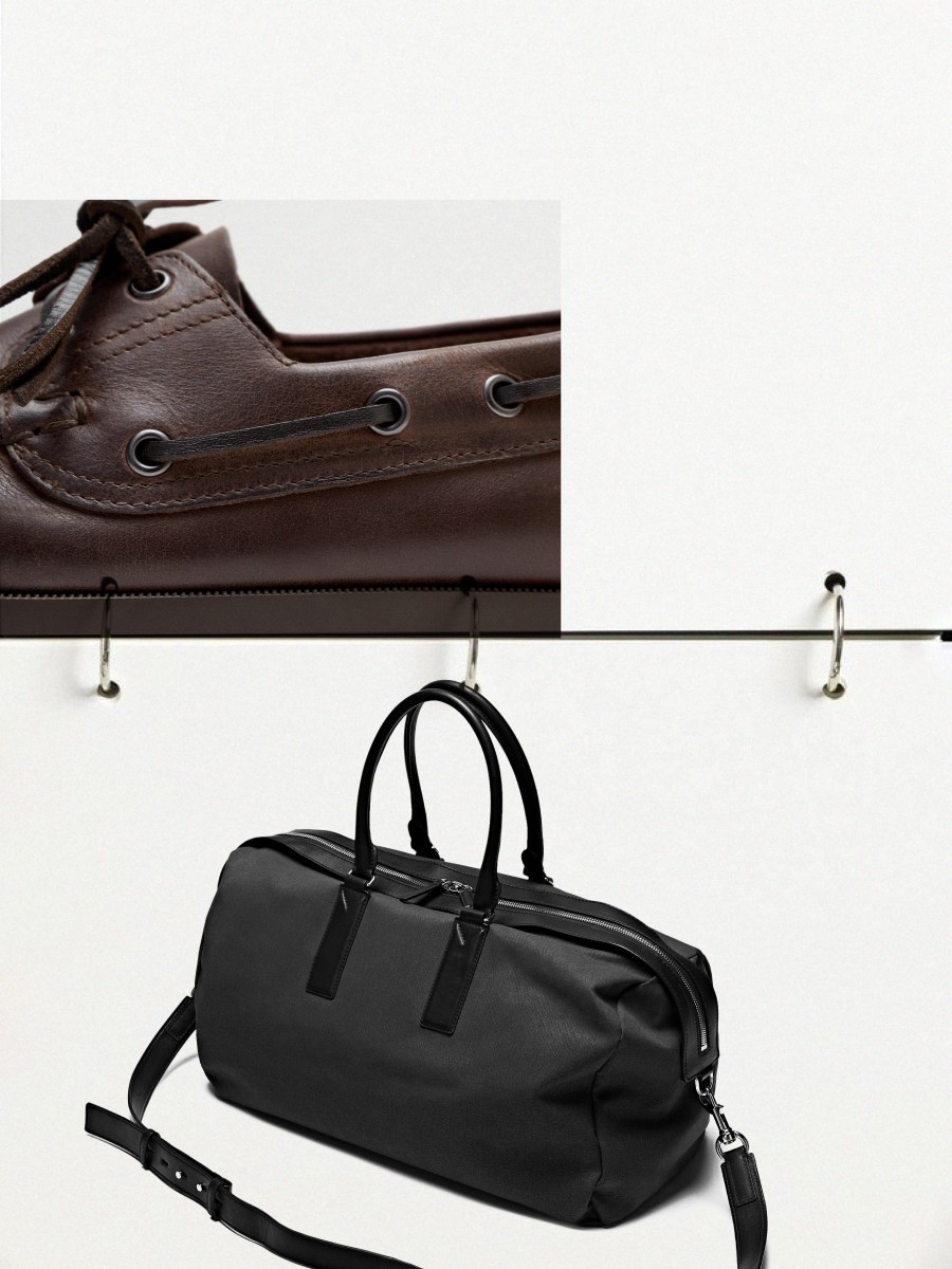 Oiled leather boat shoes and travel bag with nappa leather details — Massimo Dutti Summer Days