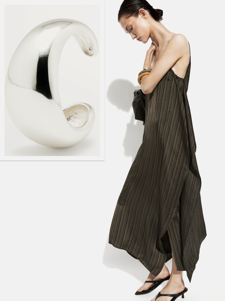 Asymmetric flowing midi dress and rounded-volume bracelet — Massimo Dutti Summer Nights