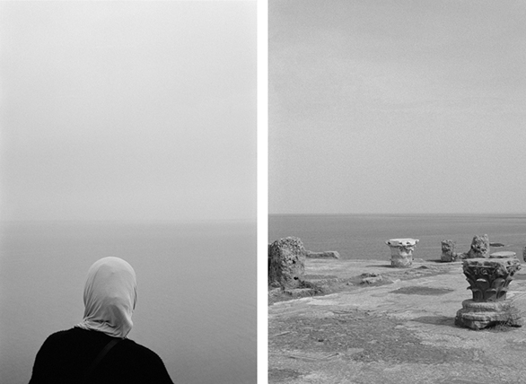 Diptych by Anne-Lise Broyer: figure with a headscarf in Sidi Bou Saïd and the coast of Tipaza — Massimo Dutti