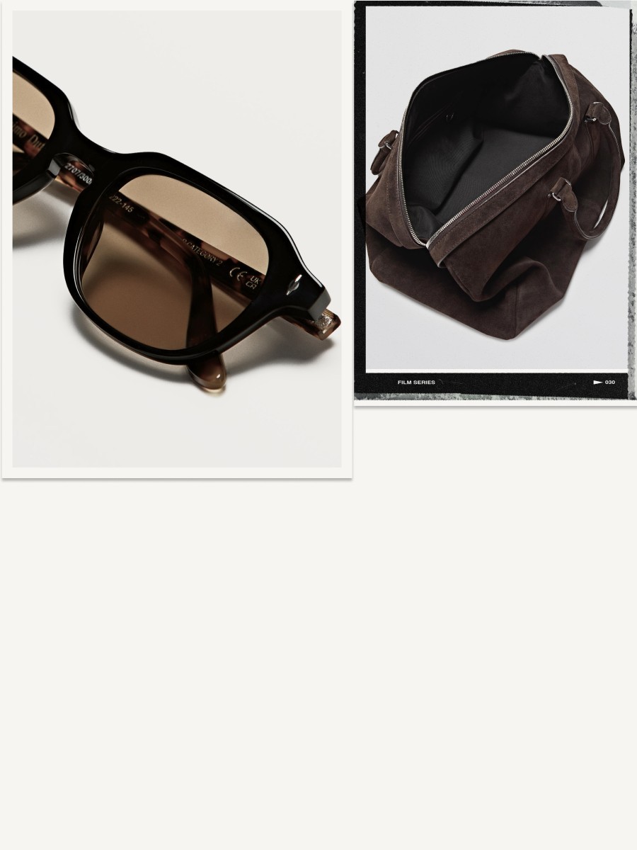 Tortoiseshell acetate sunglasses and suede travel bag — Massimo Dutti Summer Days