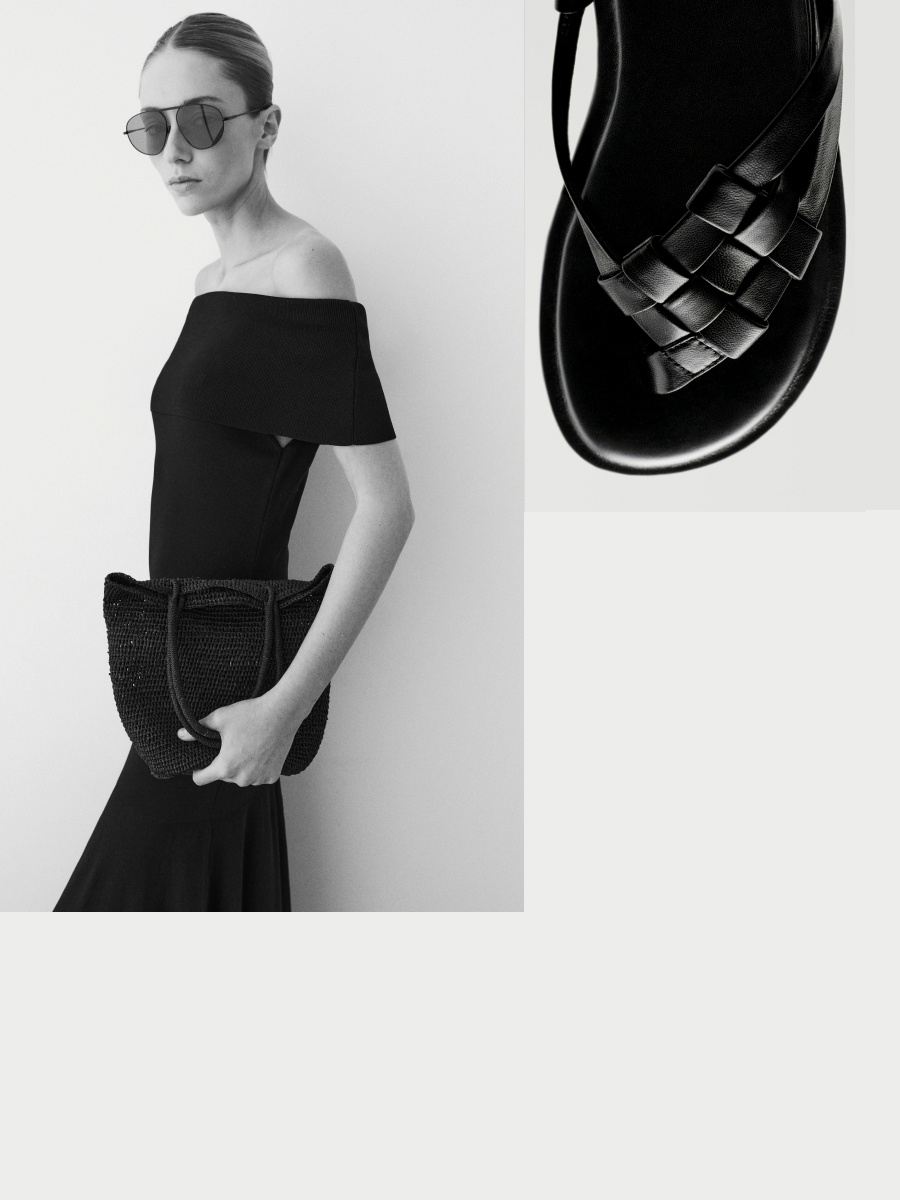 Knit midi dress with exposed shoulders and woven leather sandals — Massimo Dutti Summer Nights