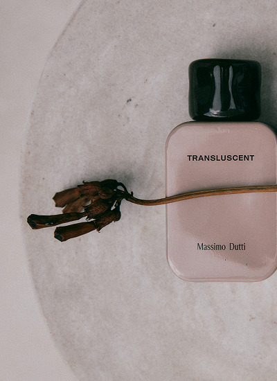 Translucent eau de parfum bottle on marble with a dried flower — Massimo Dutti