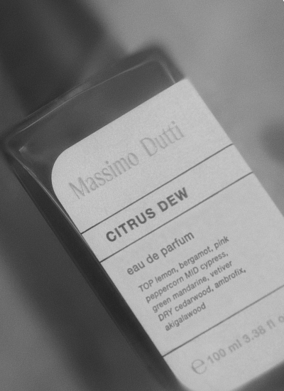 Black and white detail of the Citrus Dew bottle — Massimo Dutti