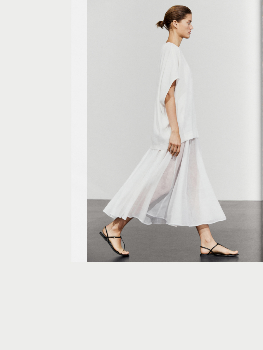 Combined linen-blend dress in white — Massimo Dutti Summer Nights