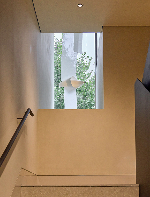 The hanji installation seen from the staircase — ArtInProgress, Massimo Dutti Seoul