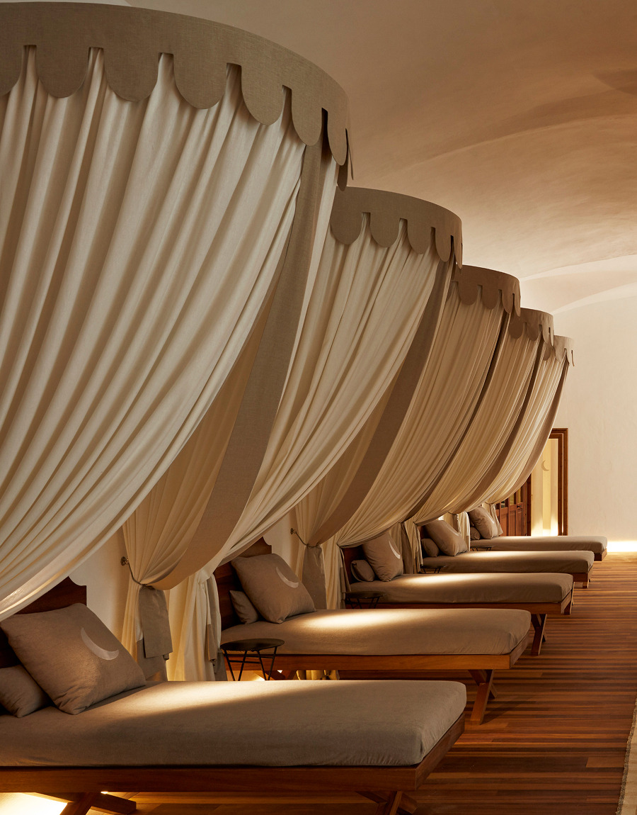 Lounge area with Balinese daybeds at the Cap Rocat spa, Mallorca