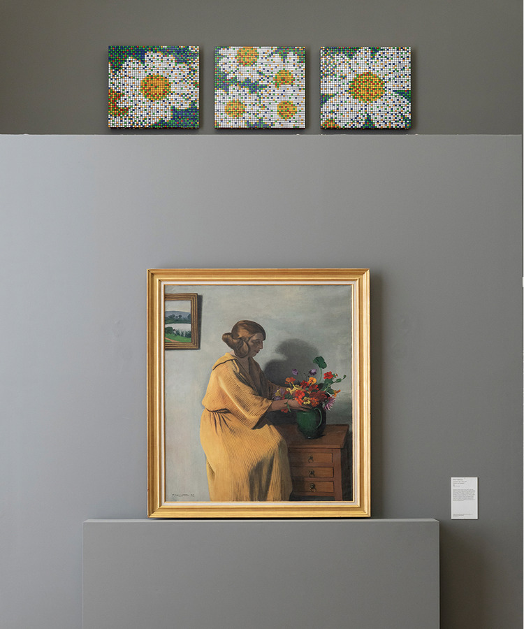 Room with daisy mosaics and framed painting — We are (still) Here, Petit Palais