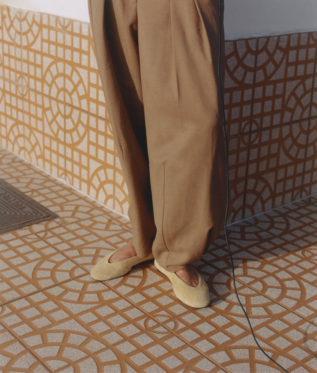 Camel pleated trousers and suede ballet flats on a mosaic floor — Massimo Dutti