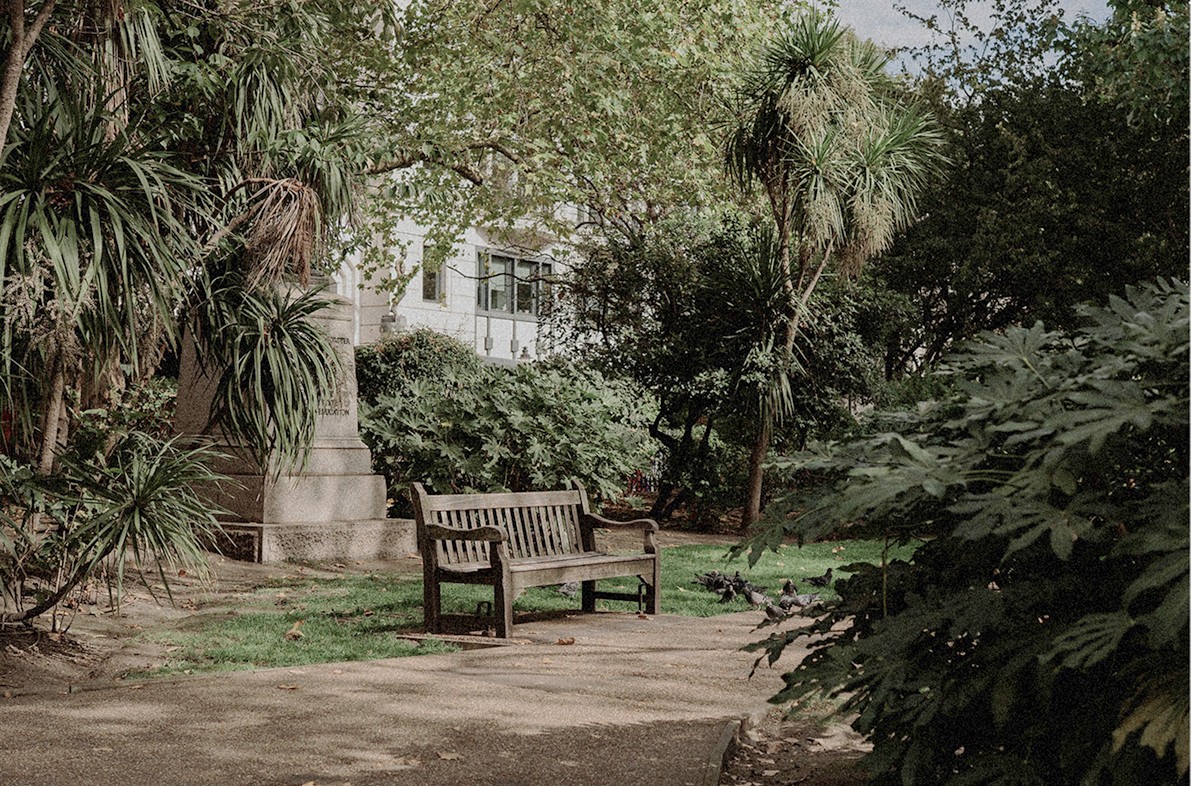 Bench among the greenery of a Bloomsbury garden — Massimo Dutti London Fashion Week