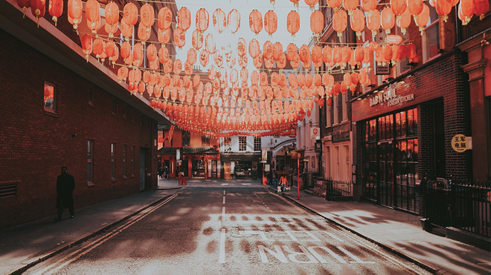Chinatown street covered in red lanterns — Massimo Dutti London Fashion Week