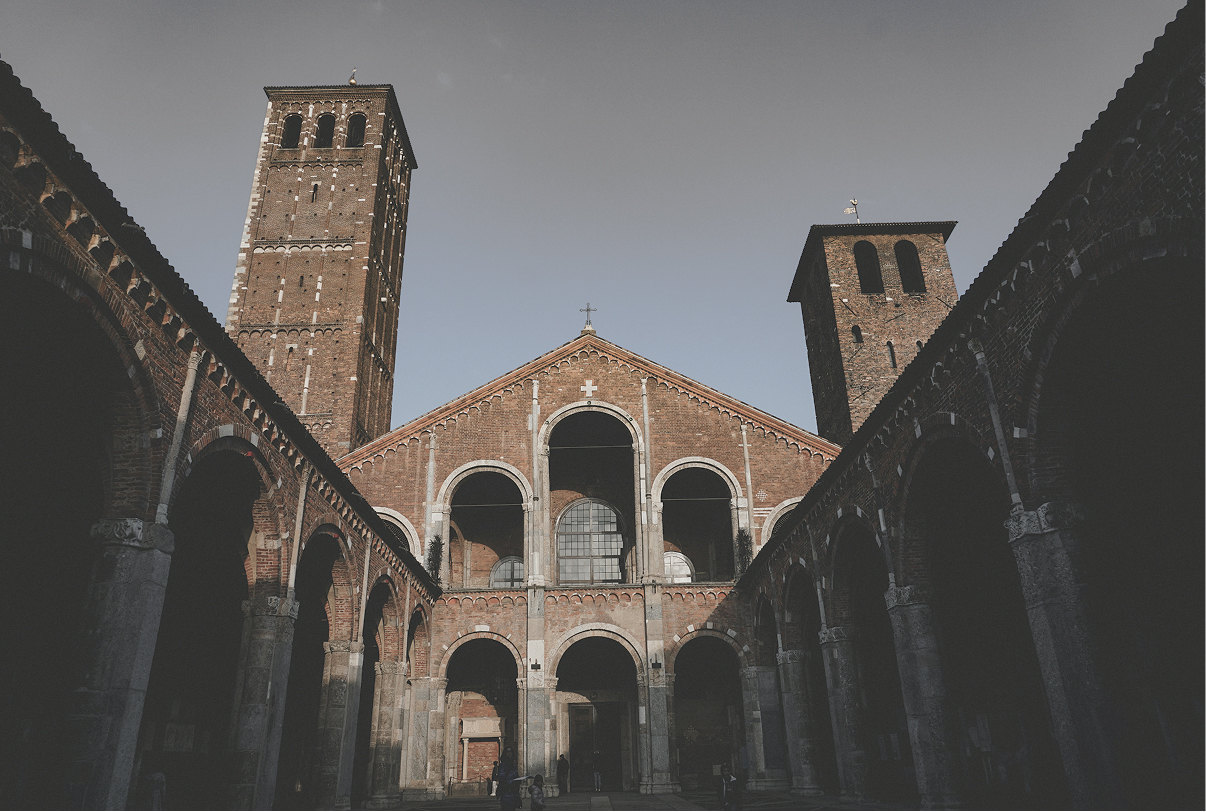 Atrium and bell towers of the Basilica of Sant’Ambrogio — Massimo Dutti Milan Fashion Week