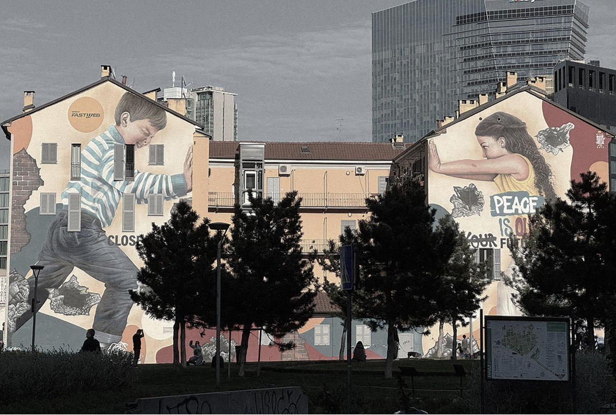 Large-scale murals on residential façades in Milan — Massimo Dutti Milan Fashion Week