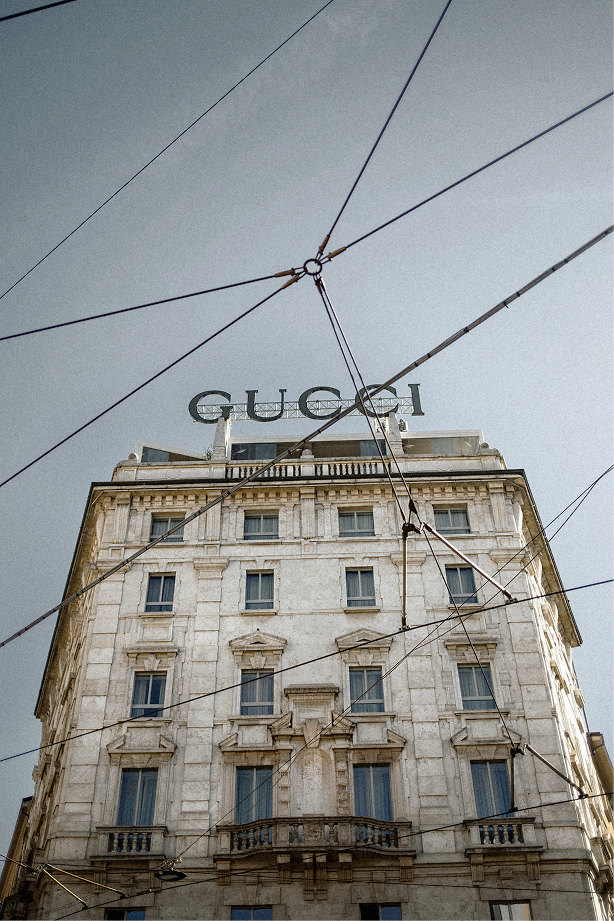 Façade of a classic palazzo beneath the tram wires — Massimo Dutti Milan Fashion Week