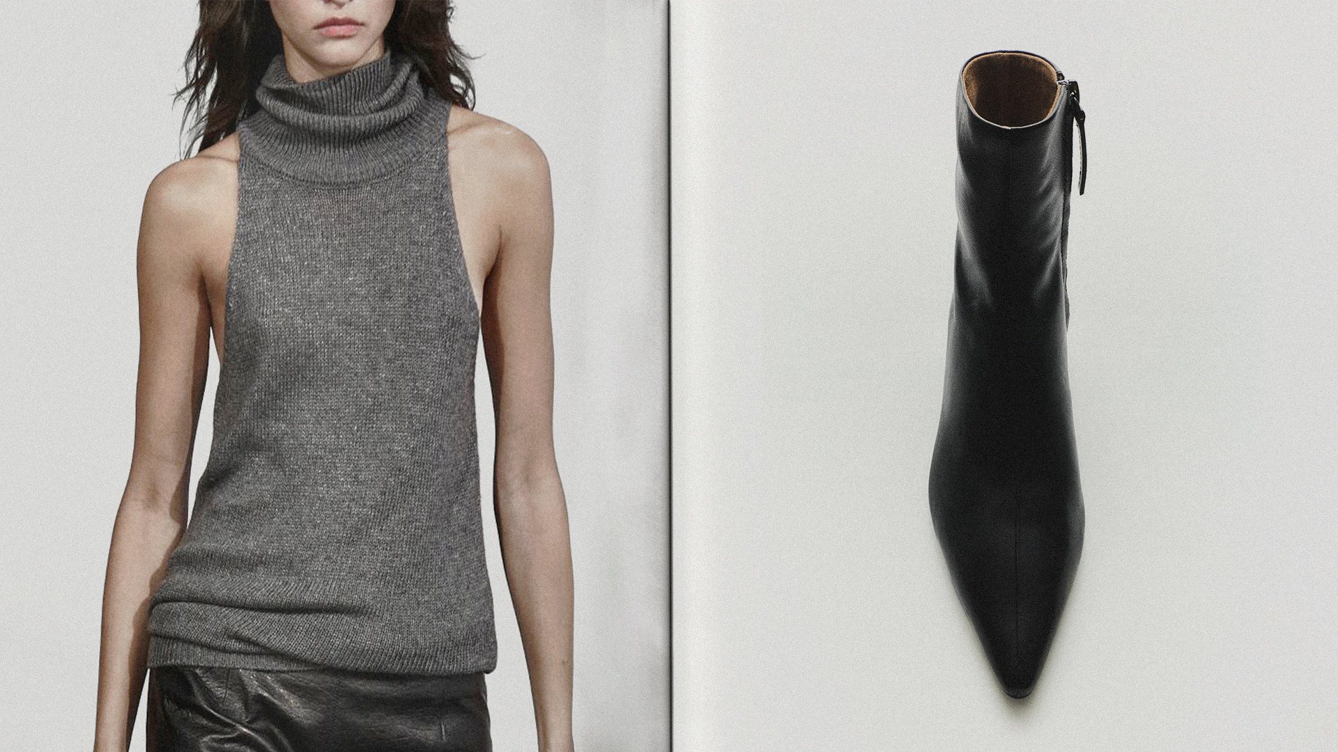 The Look 01: halter-neck knit top, short leather skirt and low-heel ankle boots — Massimo Dutti Milan Fashion Week