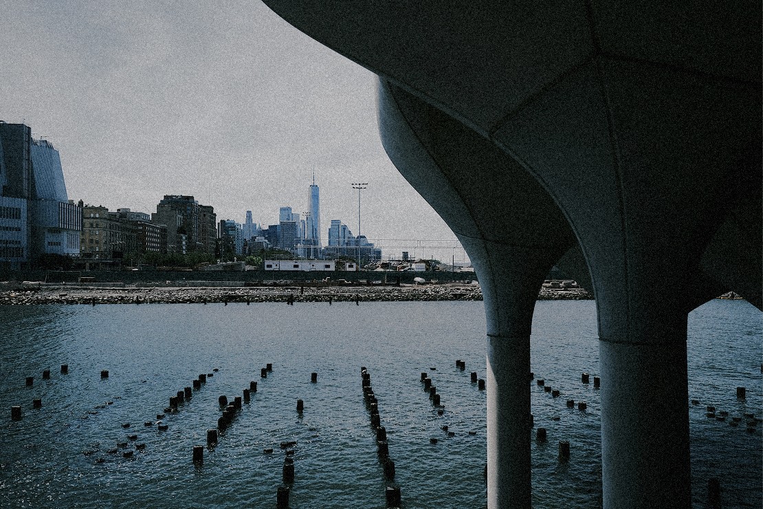 Little Island on the Hudson with the skyline behind — Massimo Dutti NY Fashion Week
