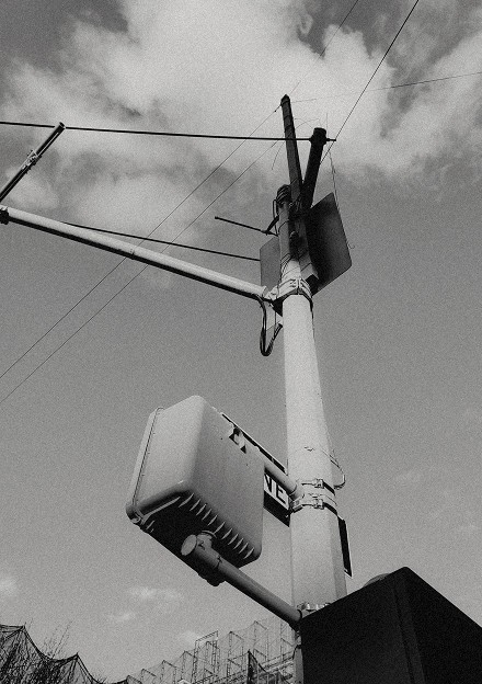 Traffic light and street lamp in black and white, SoHo — Massimo Dutti NY Fashion Week