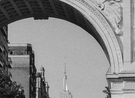 The Washington Square Arch in black and white with the tower behind — Massimo Dutti NY Fashion Week