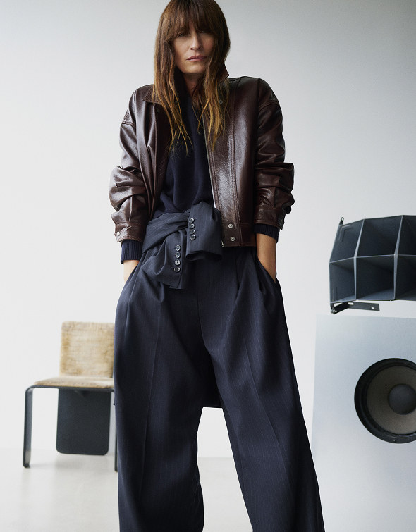 Caroline de Maigret wearing a leather bomber jacket — Massimo Dutti Unwritten