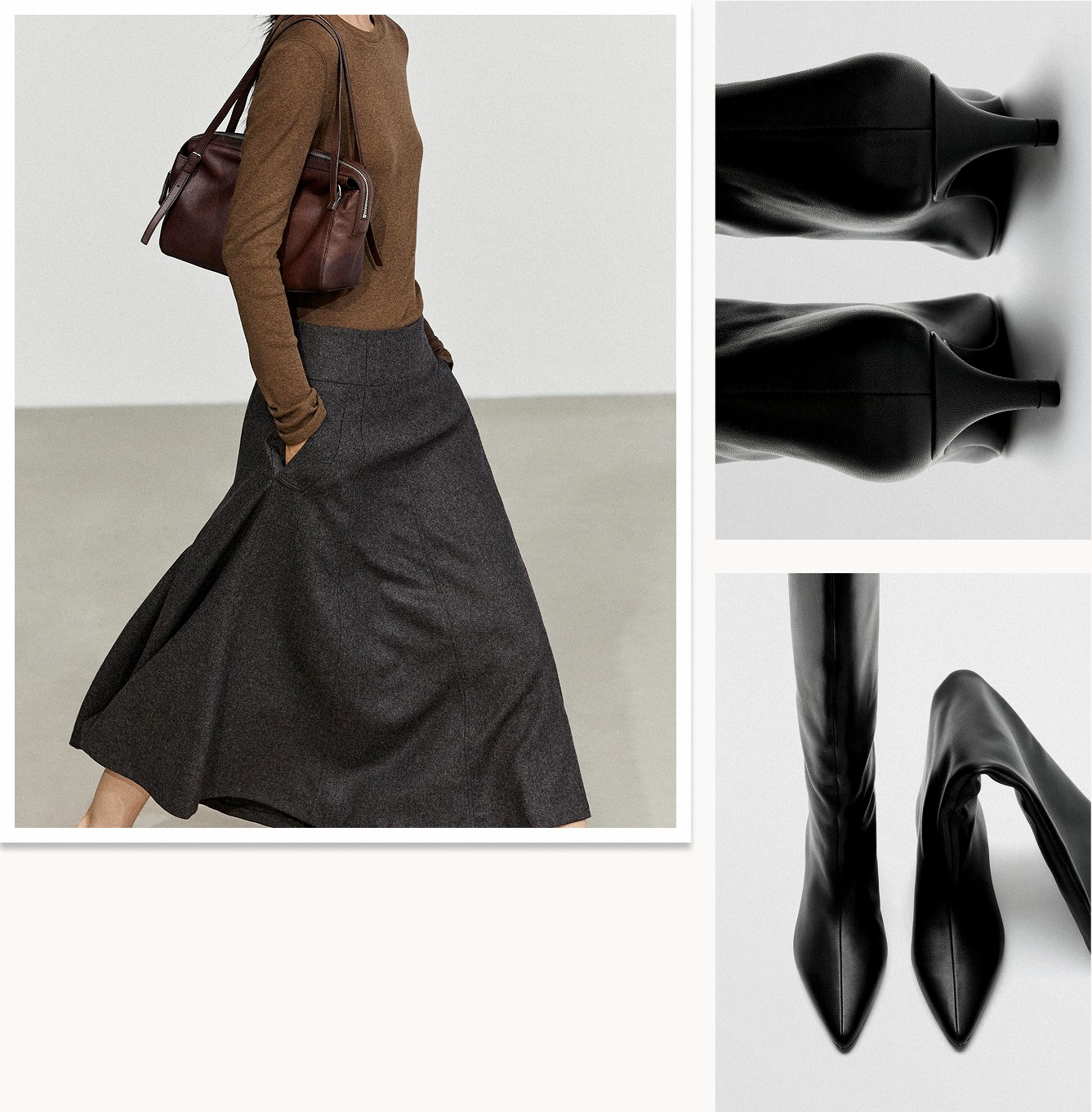 Grey flared midi skirt with a burgundy leather bag and black leather heeled boots — Massimo Dutti The Trench Edit