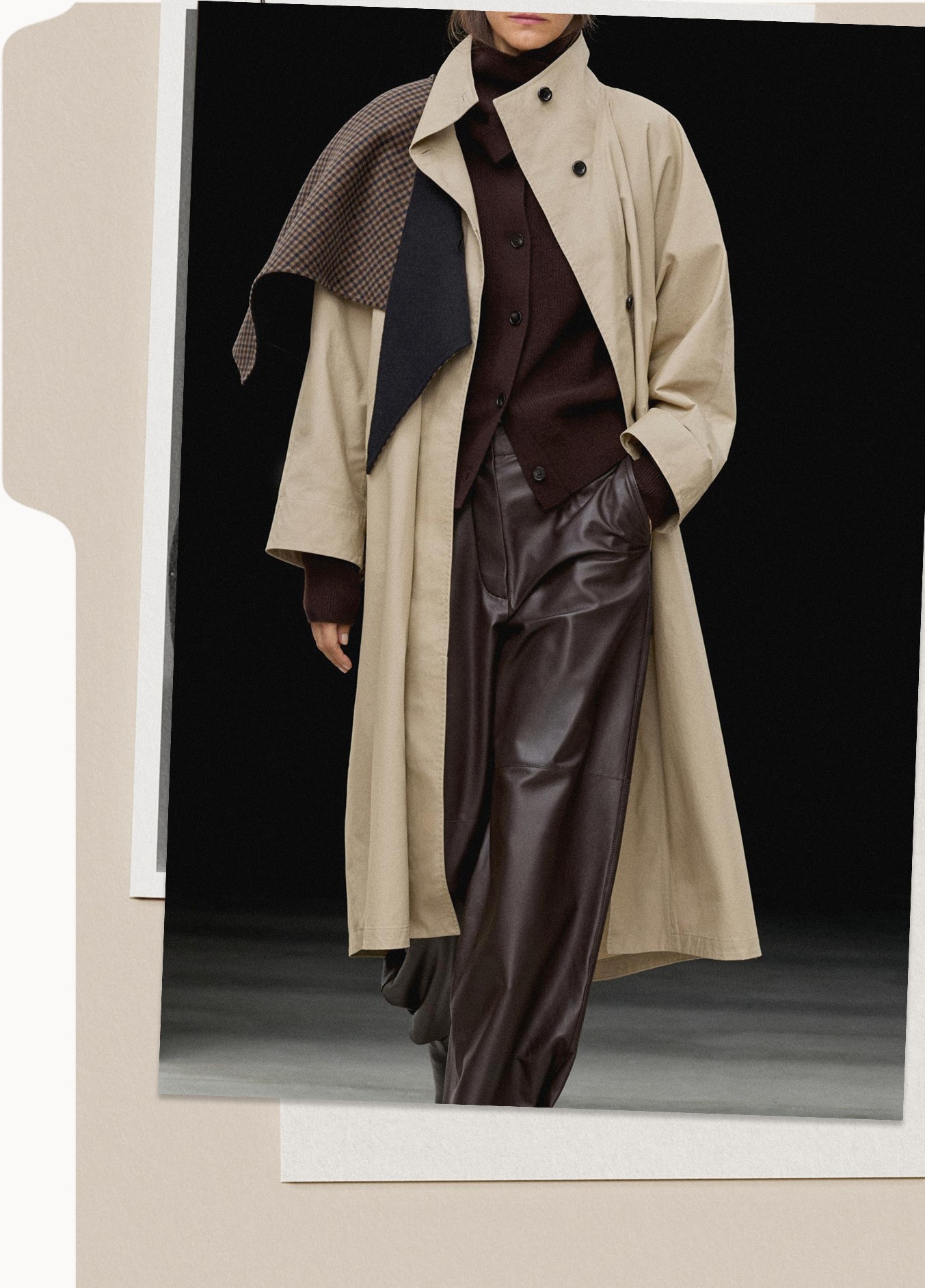 Beige high-neck trench coat with check detail over brown leather trousers — Massimo Dutti The Trench Edit