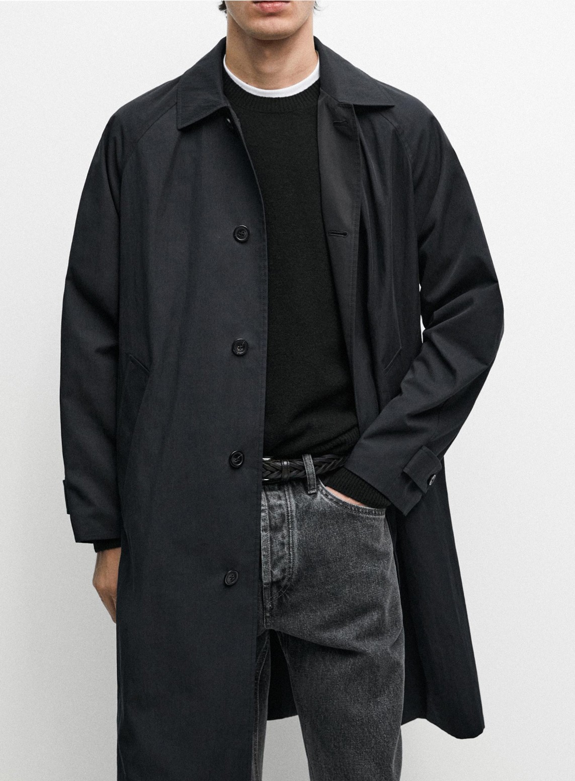 Long navy technical parka over a black jumper and grey jeans — Massimo Dutti The Trench Edit
