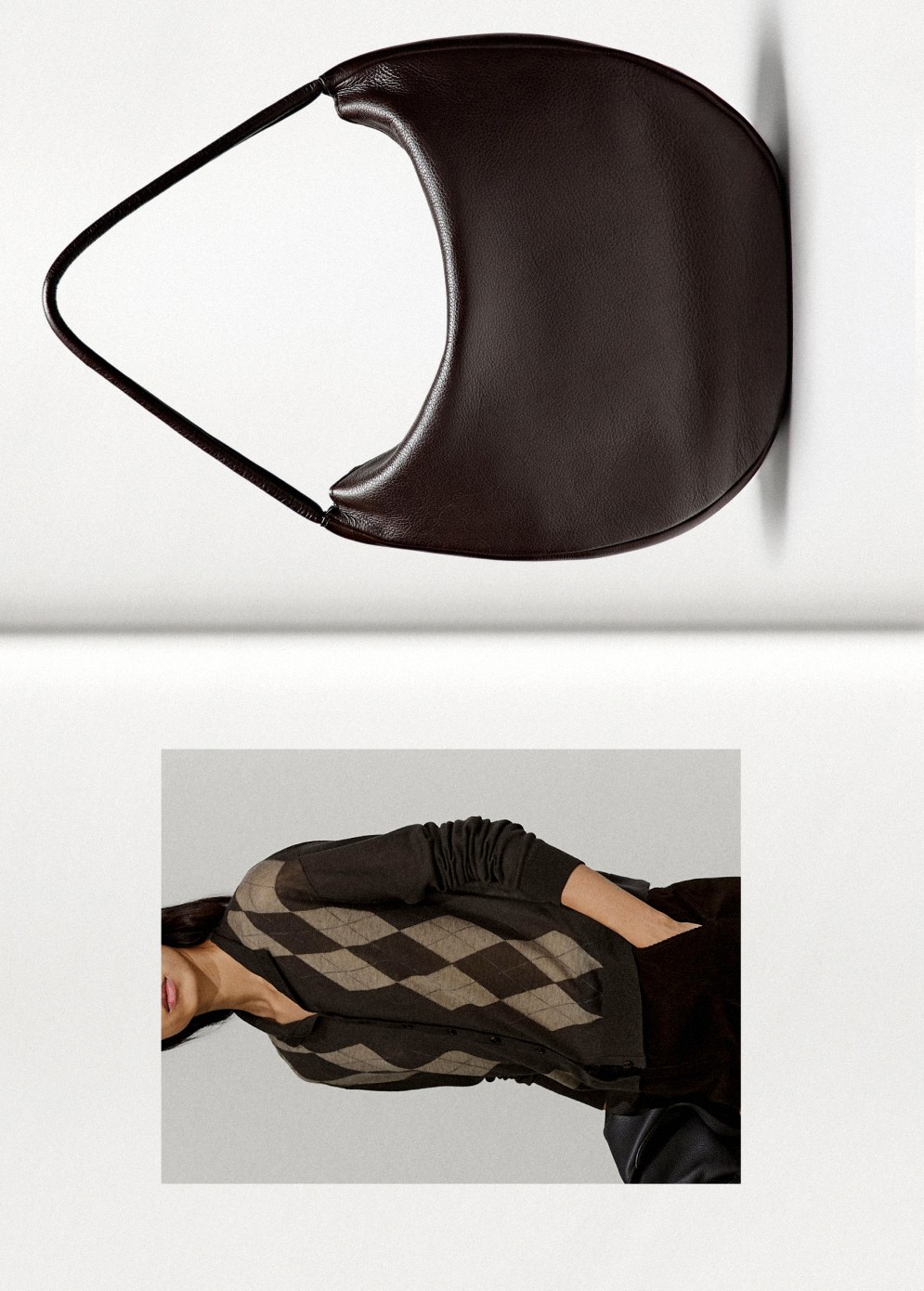 Brown leather bag and argyle cardigan — Massimo Dutti The Trench Edit