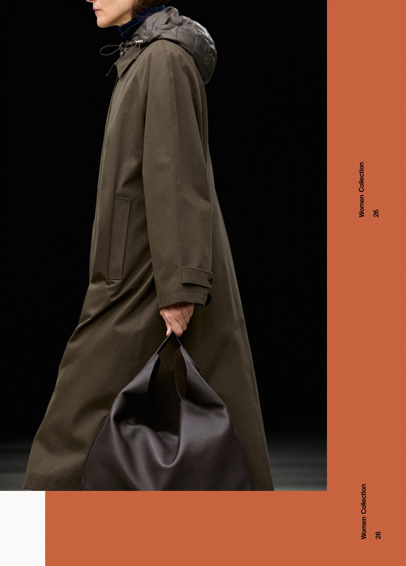 Khaki trench coat with padded hood and brown leather bag — Massimo Dutti The Trench Edit