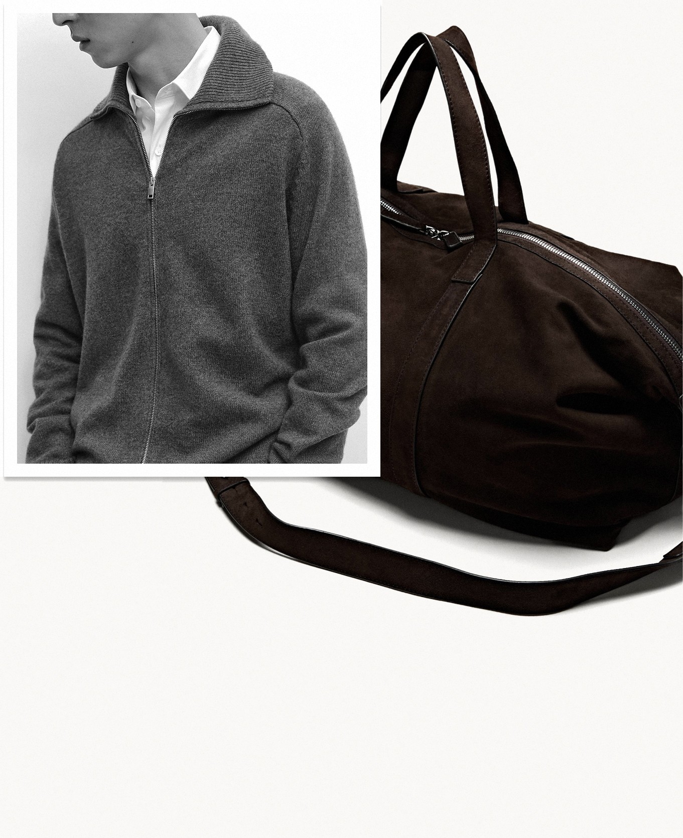 Grey zip-up knit cardigan and brown suede travel bag — Massimo Dutti The Trench Edit