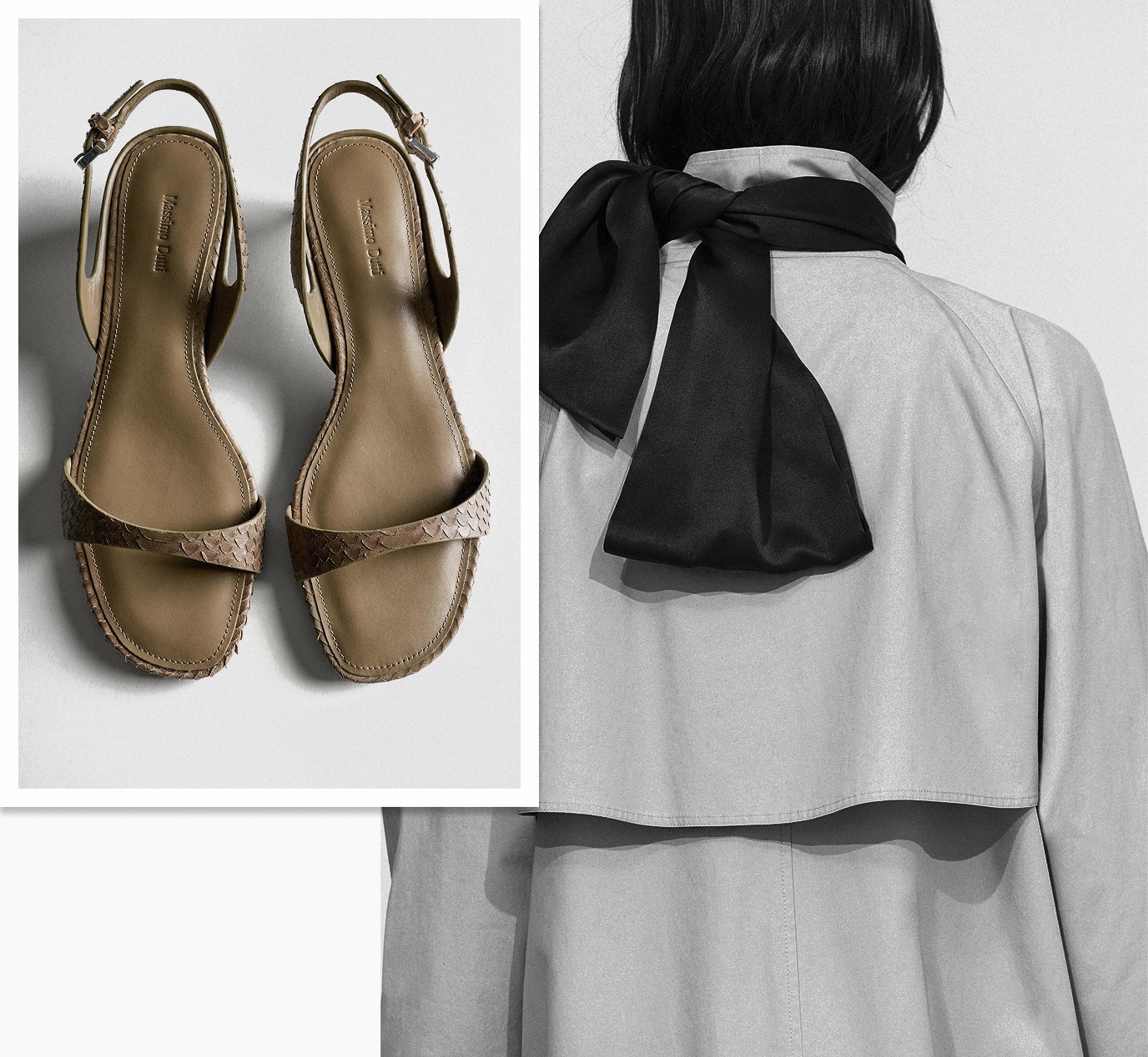 Embossed leather heeled sandals and a black satin scarf over a grey trench coat — Massimo Dutti The Trench Edit