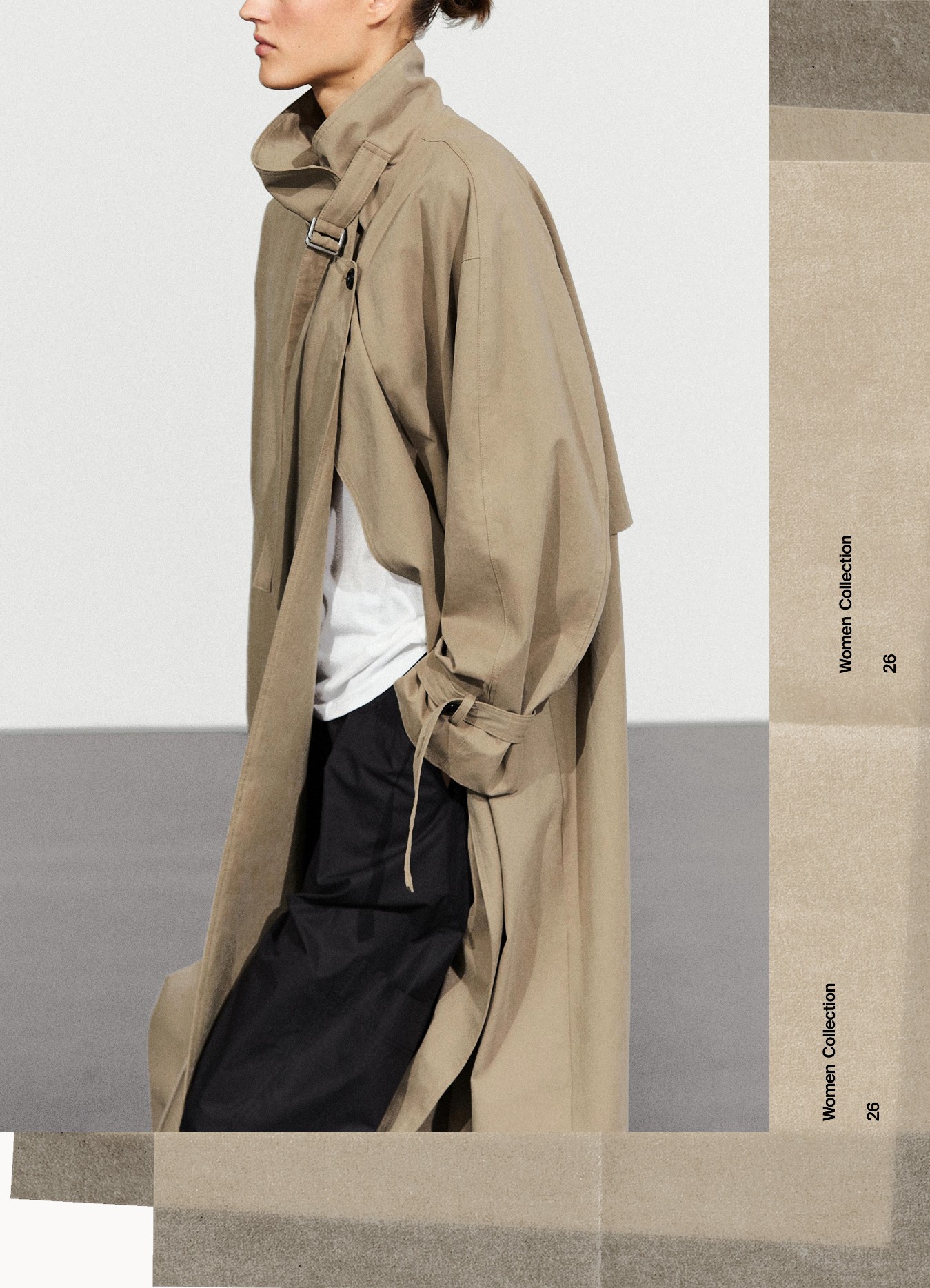 Long beige trench coat with buckle at the collar — Massimo Dutti The Trench Edit