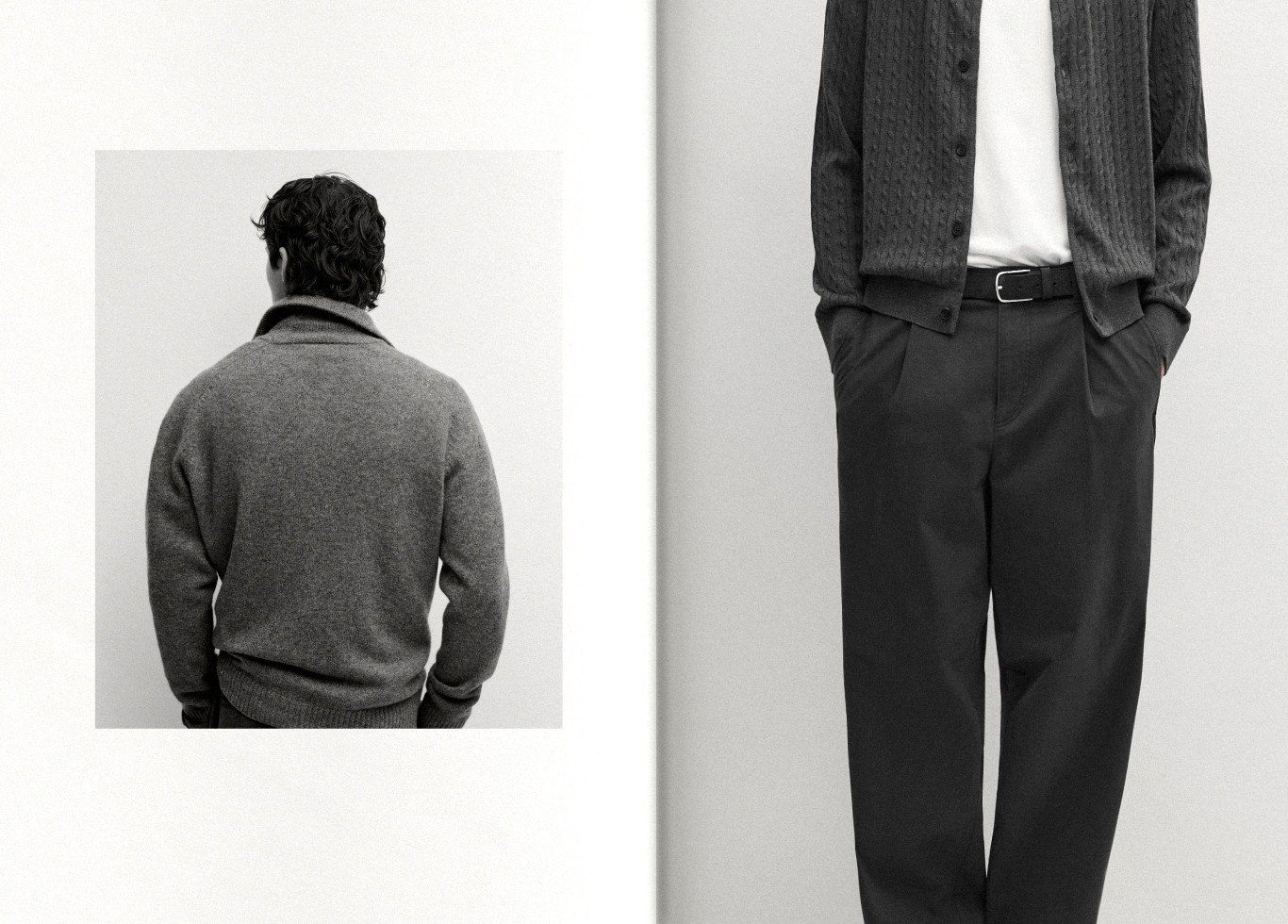 Grey knit cardigan and pleated trousers — Massimo Dutti The Trench Edit