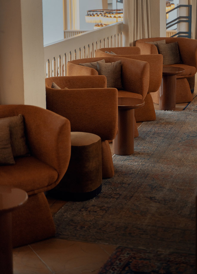 Lounge with velvet armchairs at the Experimental Marais hotel — Massimo Dutti Paris Fashion Week