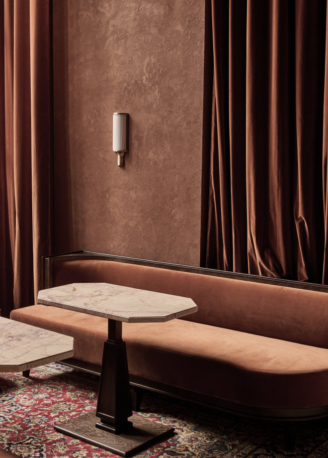 Velvet banquette and marble table at Le Grand Café — Massimo Dutti Paris Fashion Week
