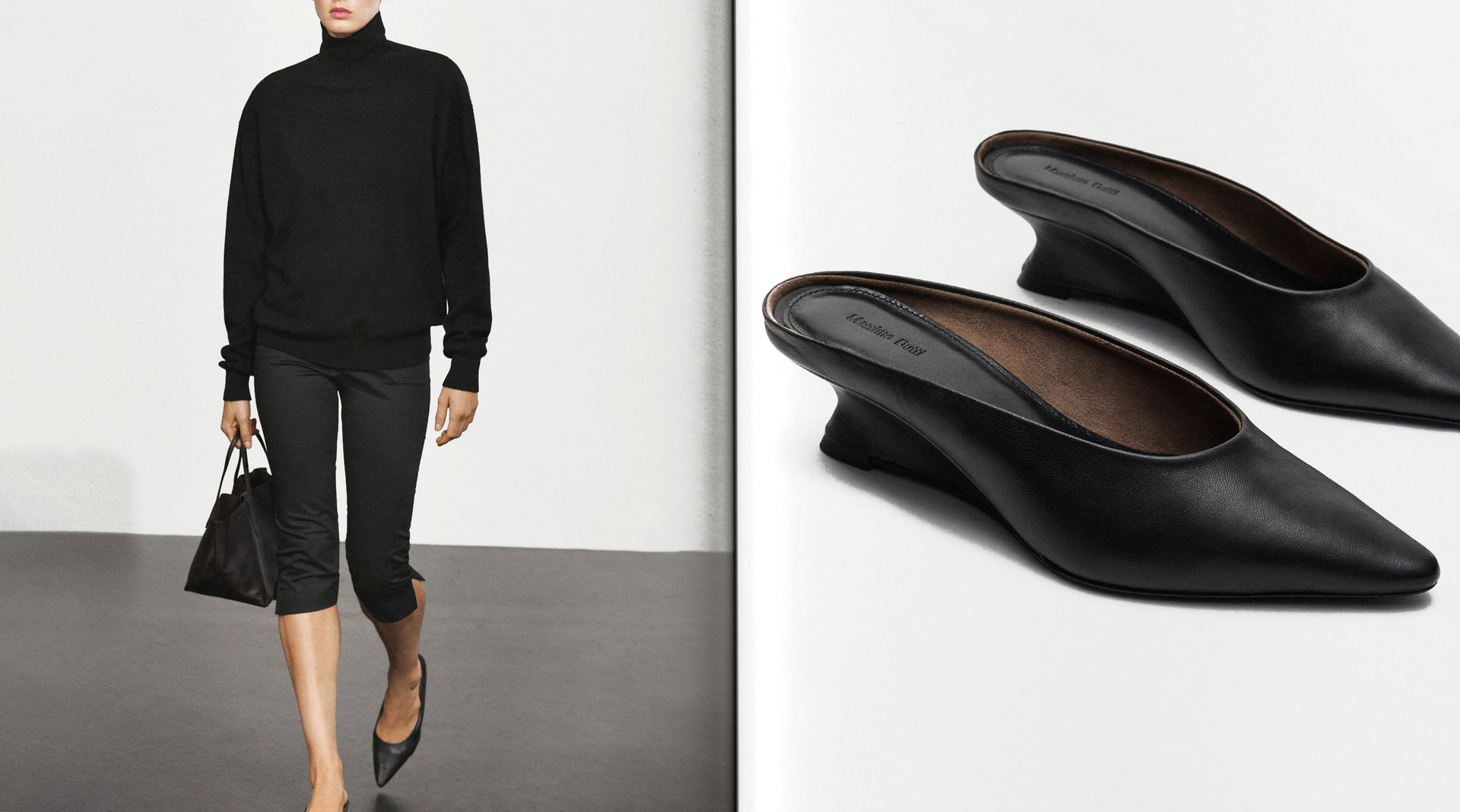 The Look 01: black high-neck sweater, capri trousers, bag and wedge heel mules — Massimo Dutti Paris Fashion Week